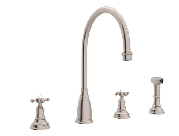 Perrin & Rowe Georgian Era 4-Hole C-Spout Kitchen Faucet With Side Spray With Cross Handle.4735X-APC