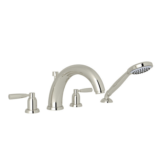 Perrin & Rowe Holborn 4-Hole Deck Mount Modified C-Spout Bathtub Filler With Handshower - With Metal Lever Handle.3848LS