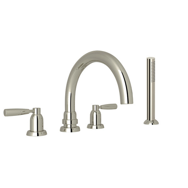 Perrin & Rowe Holborn 4-Hole Deck Mount Tubular C-Spout Bathtub Filler With Handshower - With Metal Lever Handle.3975LS