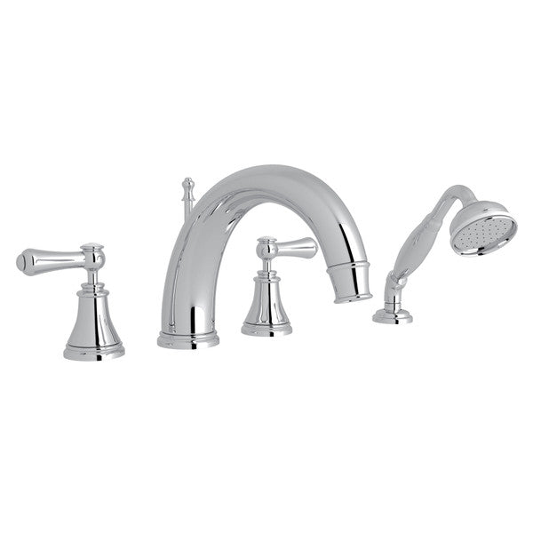 Perrin & Rowe Georgian Era 4-Hole Deck Mount C-Spout Tub Filler With Handshower - With White Porcelain Lever Handle.3648LSP