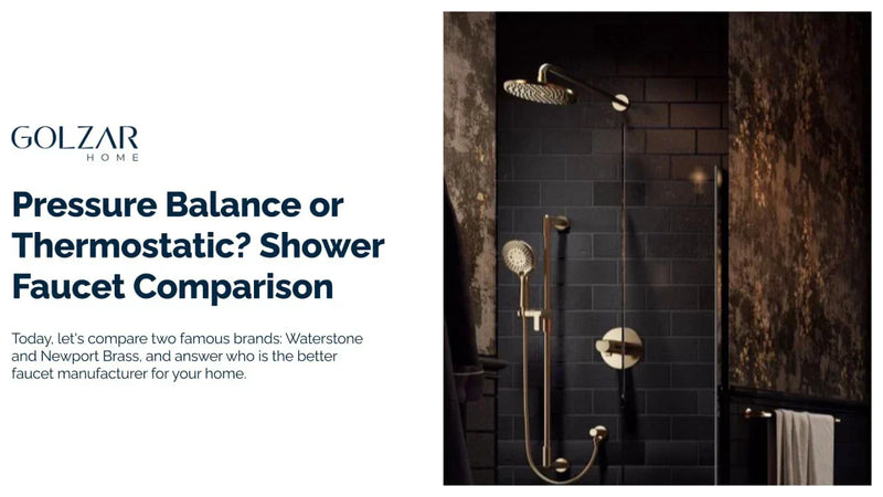A gold-toned shower system with a rainfall and handheld showerhead is mounted on a dark, tiled wall. The image illustrates a comparison of shower faucet types.