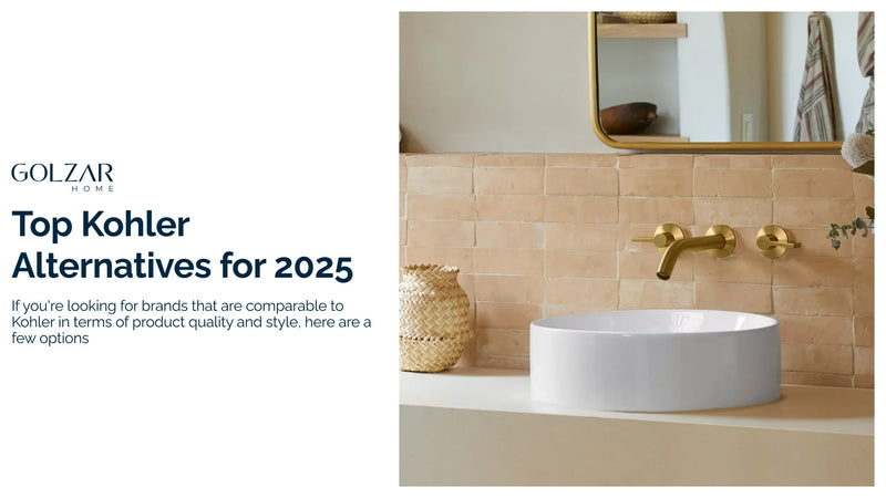 The title of an article, 'Top Kohler Alternatives for 2025,' is displayed next to an image of a modern bathroom. The image features a white vessel sink, and brass wall-mounted faucet.