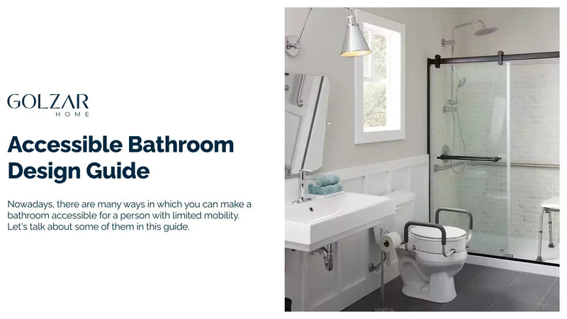 A fully accessible bathroom features a comfort-height toilet with white safety rails and a vanity with an open sink. A large, walk-in shower with a glass door and grab bars is visible in the background. 
