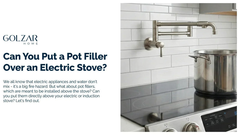 Stainless steel pot filler faucet installed over a black electric cooktop with a pot ready to be filled.