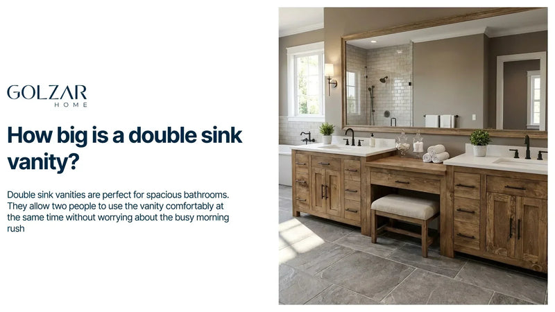 Double sink bathroom vanity with wooden cabinets, large mirror, and modern fixtures.