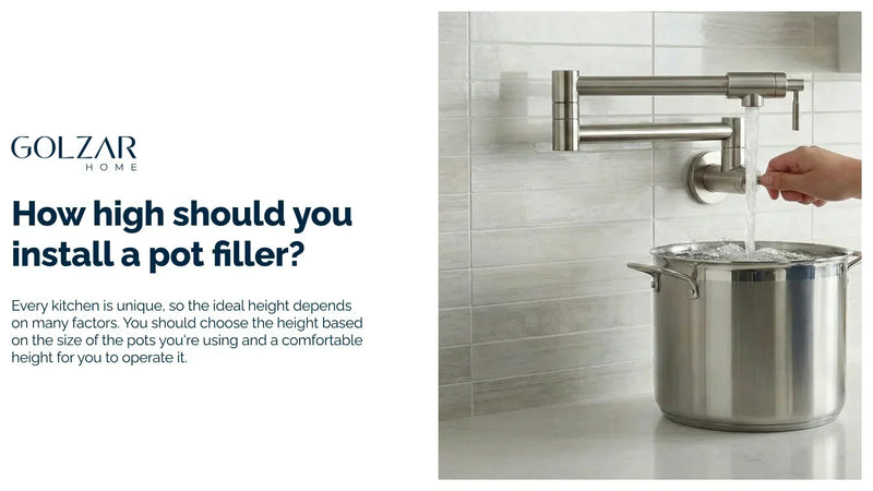 Close-up of a stainless steel pot filler faucet actively filling a large pot on a stove.