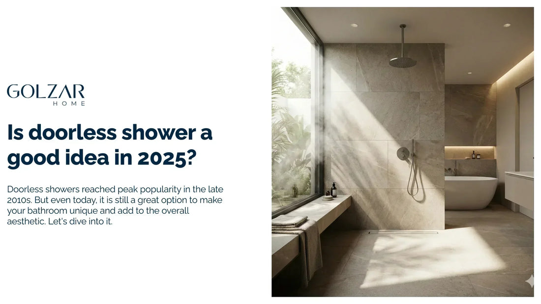A luxury doorless shower with a rainfall head and a bench is next to a large window. The image illustrates an article about doorless shower designs.