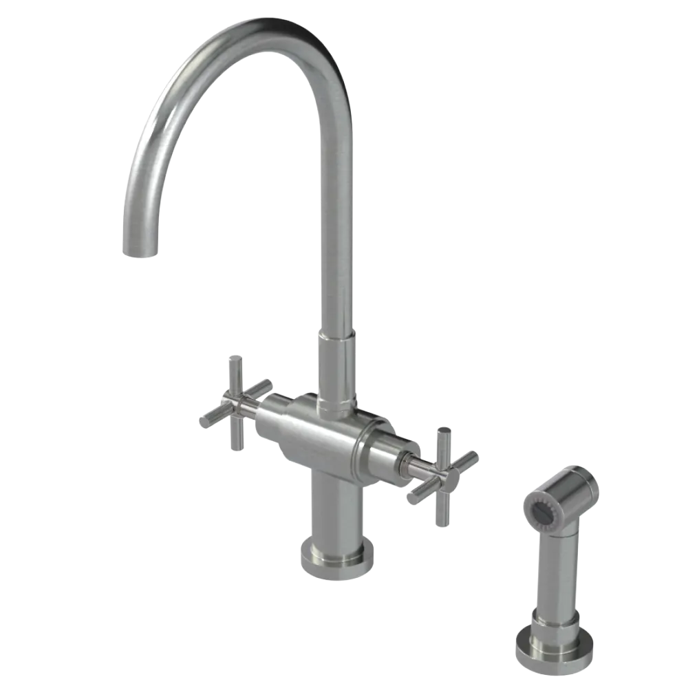 Rubinet Two Handle Single Hole Kitchen Set with LaSalle Spout with Hand Spray Satin Nickel