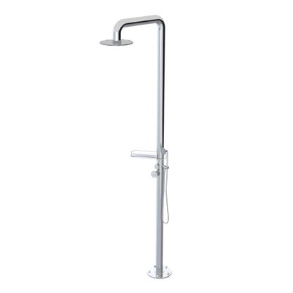 Rubinet Pressure Balance Outdoor Shower with Hand Held Shower & 10" Shower Head (with shelf) - 304 Stainless Steel Chrome