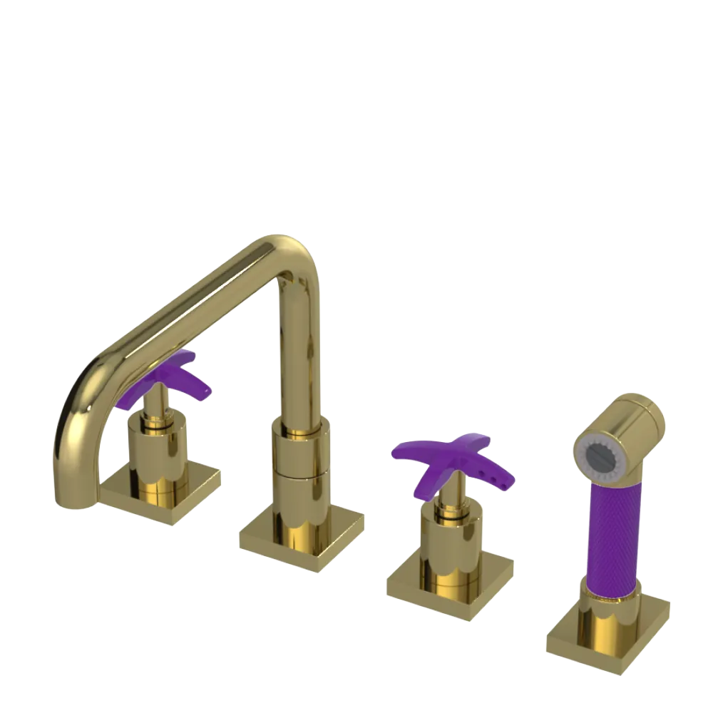 Rubinet Widespread Kitchen Set with Genesis Spout with Hand Spray Natural Brass