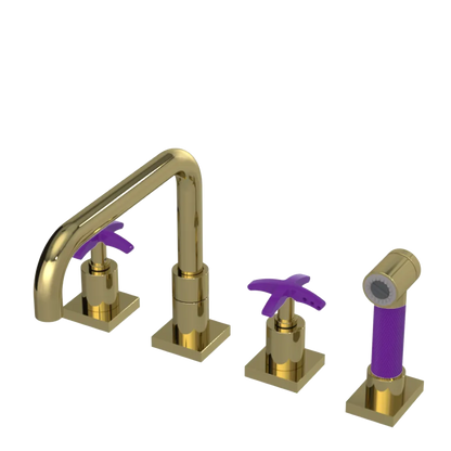 Rubinet Widespread Kitchen Set with Genesis Spout with Hand Spray Natural Brass