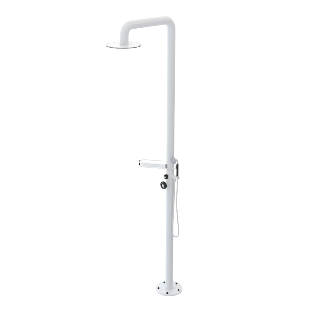 Rubinet Pressure Balance Outdoor Shower with Hand Held Shower & 10" Shower Head (with shelf) - 304 Stainless Steel White