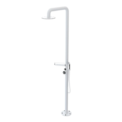 Rubinet Pressure Balance Outdoor Shower with Hand Held Shower & 10" Shower Head (with shelf) - 304 Stainless Steel White