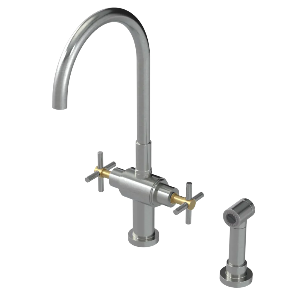 Rubinet Two Handle Single Hole Kitchen Set with LaSalle Spout with Hand Spray Satin Nickel