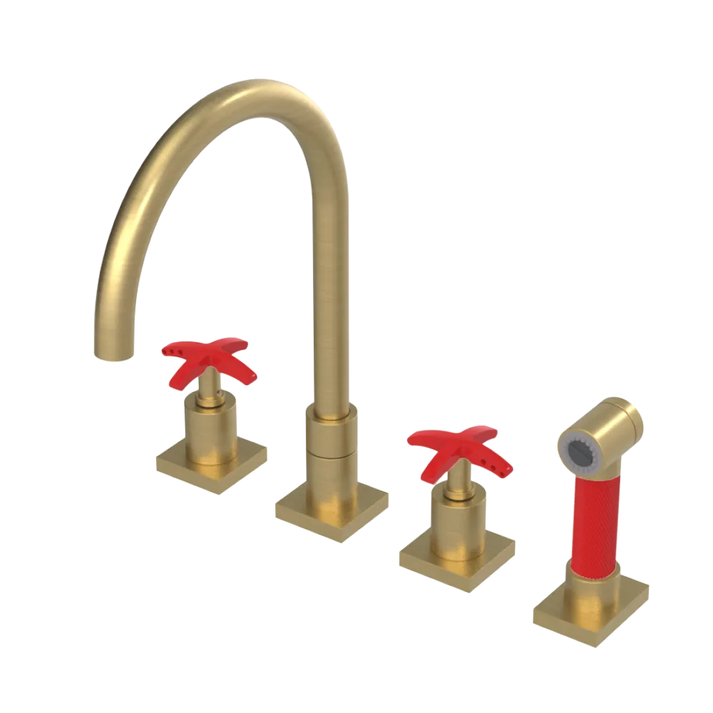Rubinet Widespread Kitchen Set with Hand Spray Satin Brass