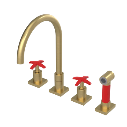 Rubinet Widespread Kitchen Set with Hand Spray Satin Brass