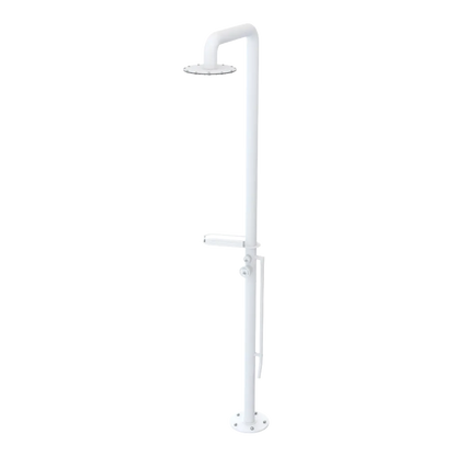 Rubinet Pressure Balance Outdoor Shower with Foot Rinse & 10" Shower Head (with shelf) - 304 Stainless Steel Matt White