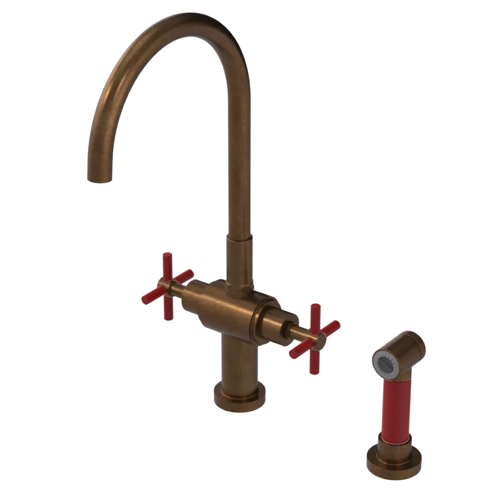 Rubinet Two Handle Single Hole Kitchen Set with LaSalle Spout with Hand Spray Tuscan Brass