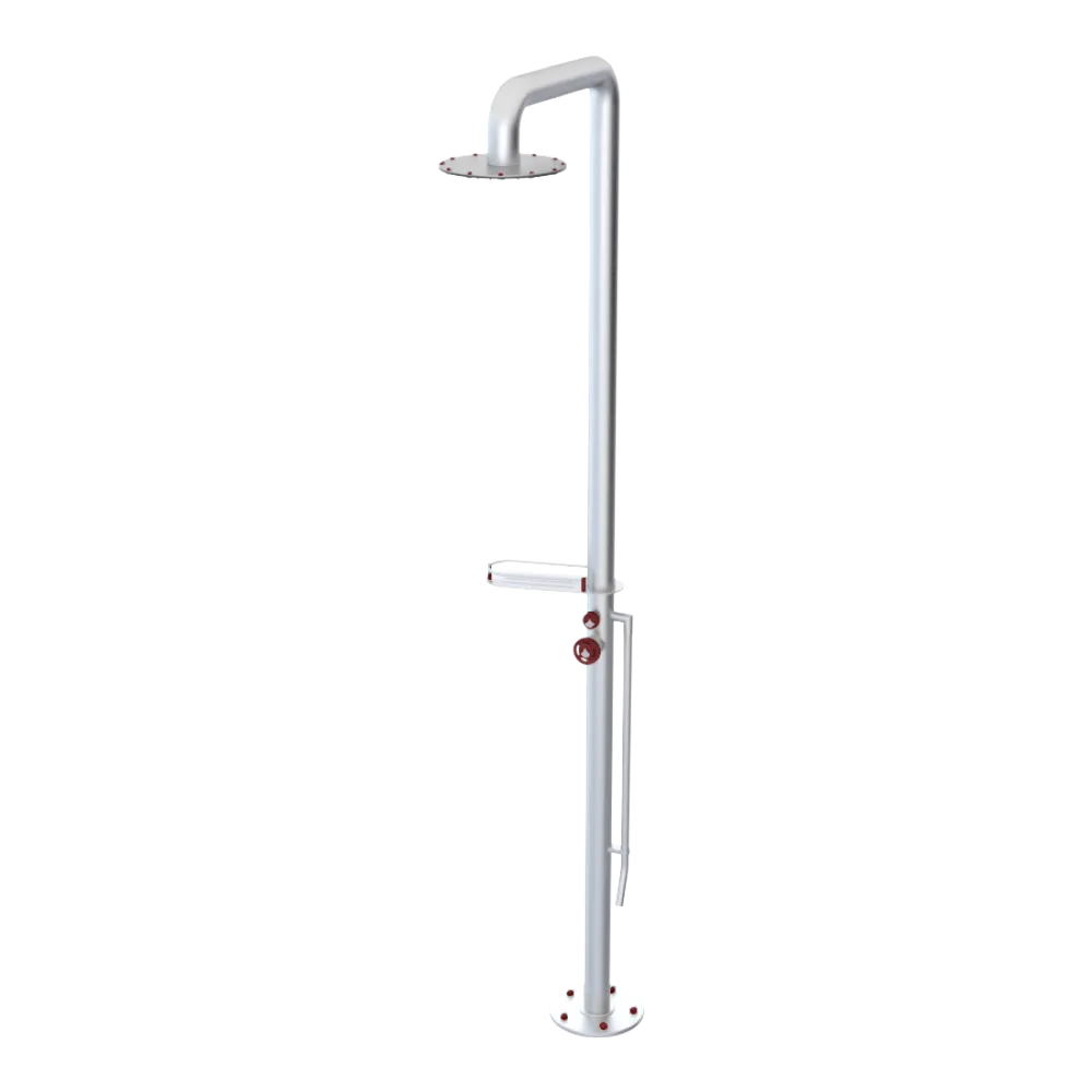 Rubinet Pressure Balance Outdoor Shower with Foot Rinse & 10" Shower Head (with shelf) - 304 Stainless Steel Satin Chrome