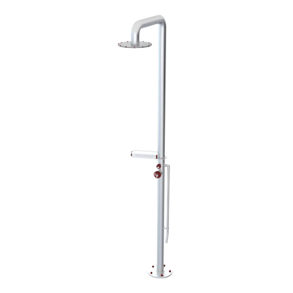 Rubinet Pressure Balance Outdoor Shower with Foot Rinse & 10" Shower Head (with shelf) - 304 Stainless Steel Satin Chrome