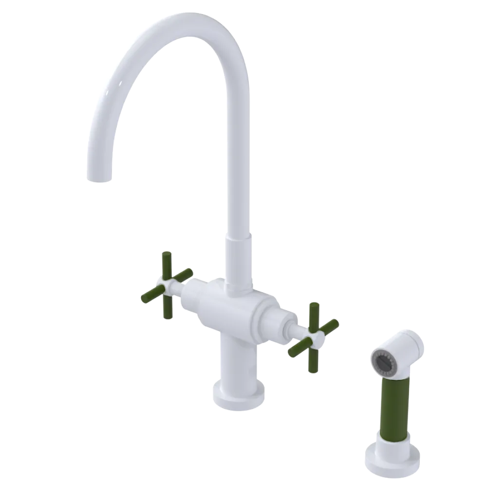 Rubinet Two Handle Single Hole Kitchen Set with LaSalle Spout with Hand Spray White