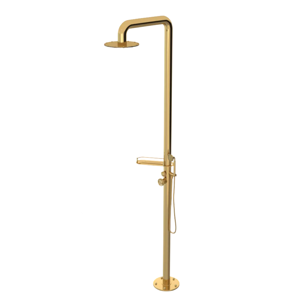 Rubinet Pressure Balance Outdoor Shower with Hand Held Shower & 10" Shower Head (with shelf) - 304 Stainless Steel Gold