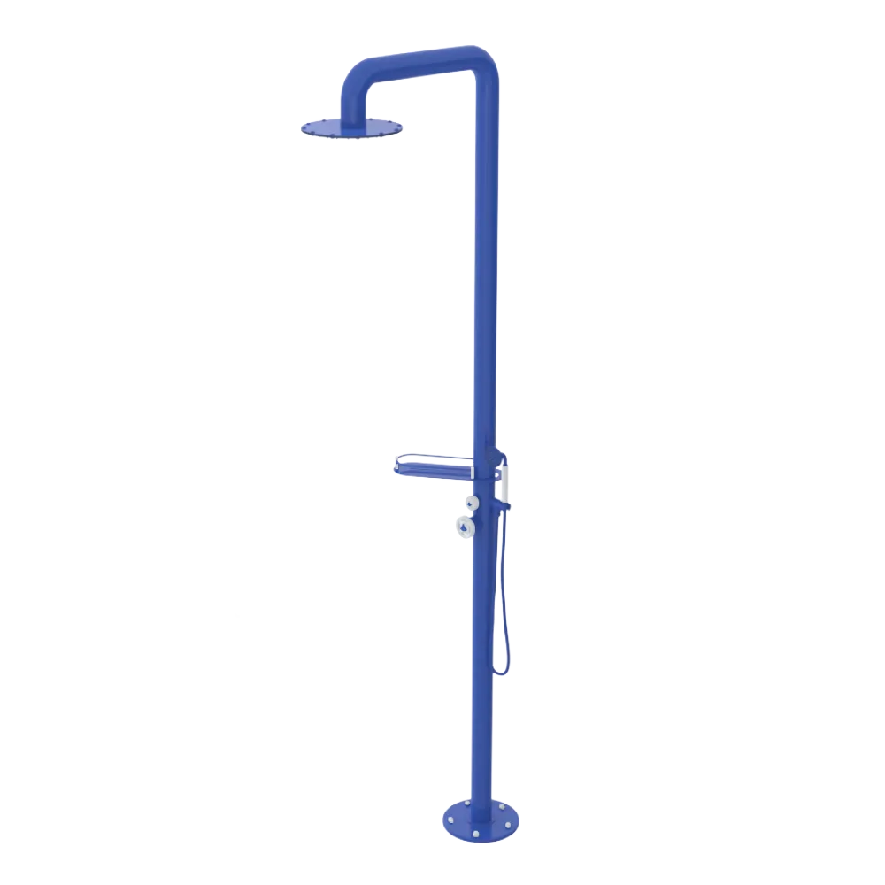 Rubinet Pressure Balance Outdoor Shower with Hand Held Shower & 10" Shower Head (with shelf) - 304 Stainless Steel Blu Jean