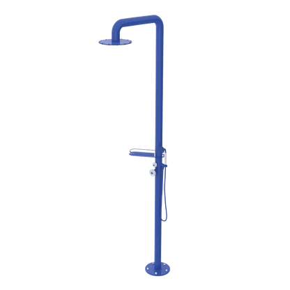 Rubinet Pressure Balance Outdoor Shower with Hand Held Shower & 10" Shower Head (with shelf) - 304 Stainless Steel Blu Jean