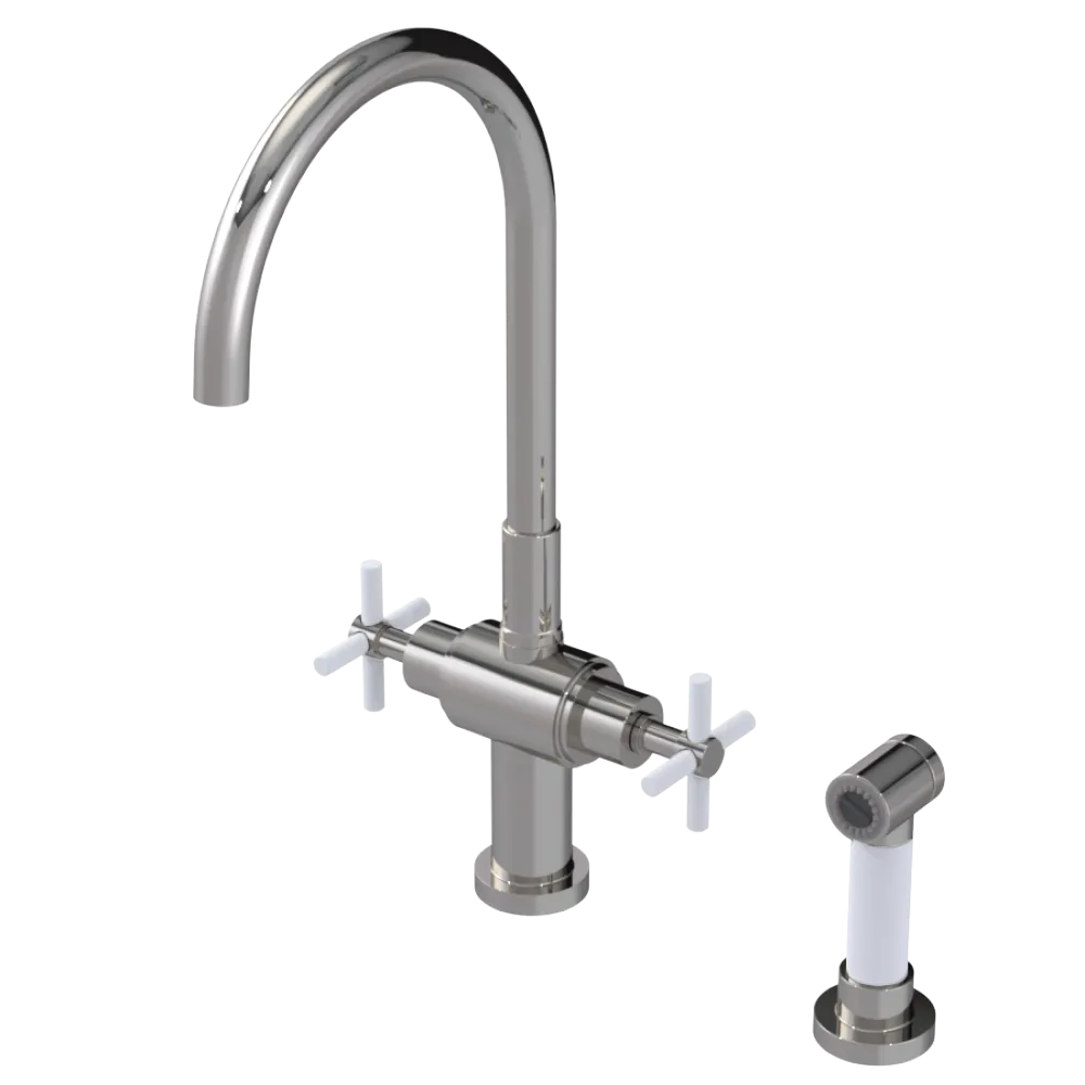 Rubinet Two Handle Single Hole Kitchen Set with LaSalle Spout with Hand Spray Polished Nickel