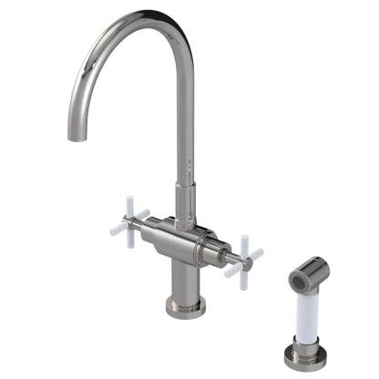 Rubinet Two Handle Single Hole Kitchen Set with LaSalle Spout with Hand Spray Polished Nickel
