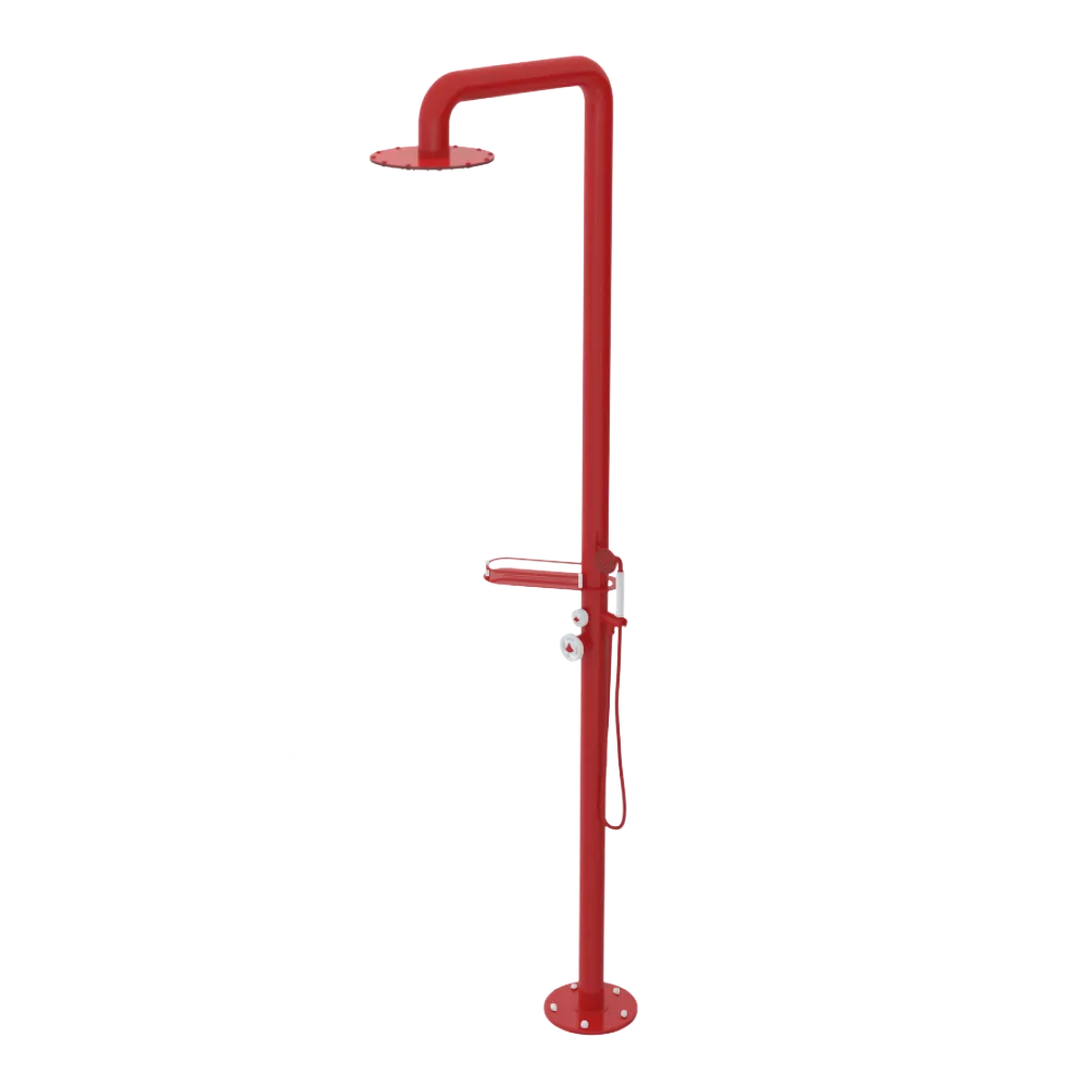Rubinet Pressure Balance Outdoor Shower with Hand Held Shower & 10" Shower Head (with shelf) - 304 Stainless Steel Red