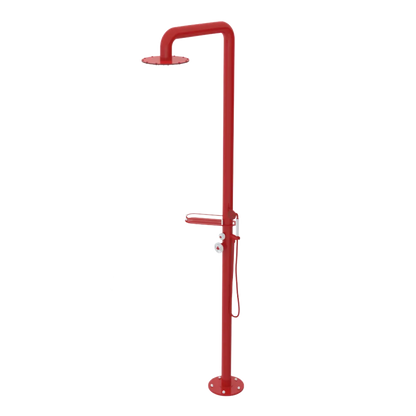 Rubinet Pressure Balance Outdoor Shower with Hand Held Shower & 10" Shower Head (with shelf) - 304 Stainless Steel Red