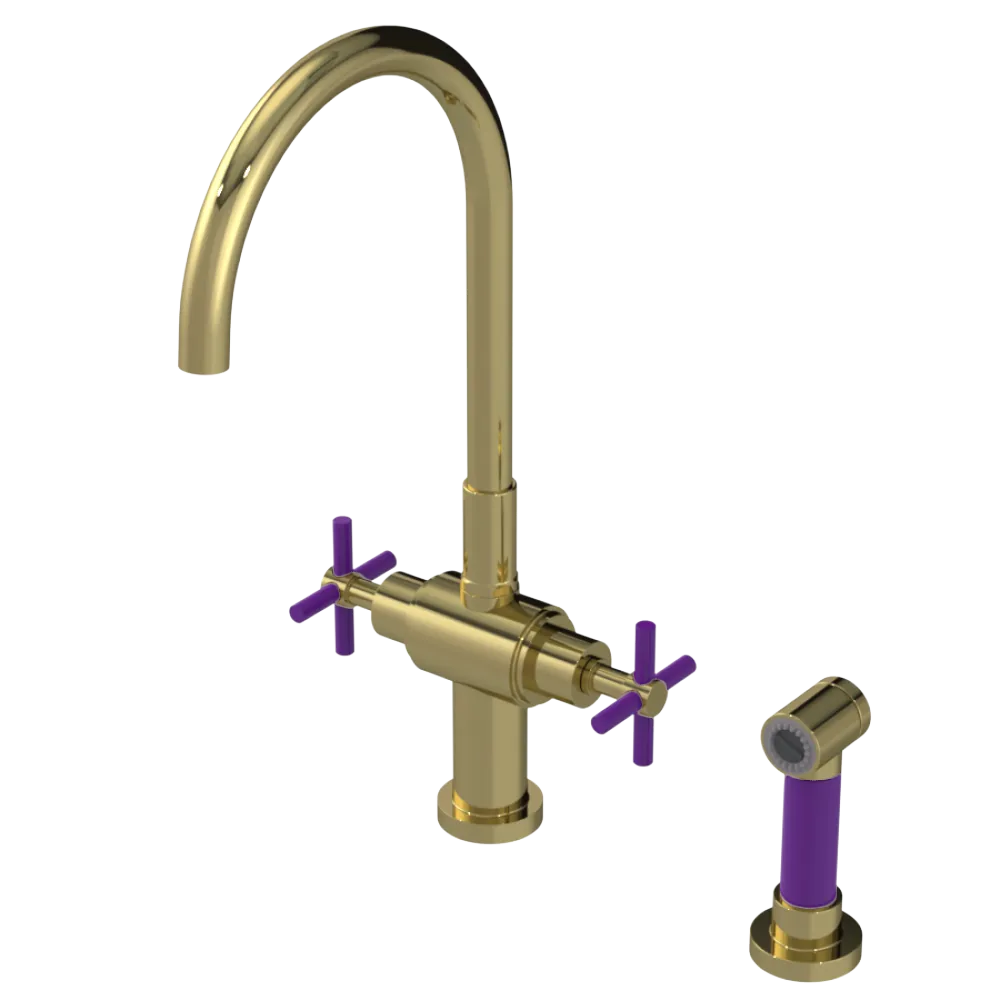 Rubinet Two Handle Single Hole Kitchen Set with LaSalle Spout with Hand Spray Natural Brass