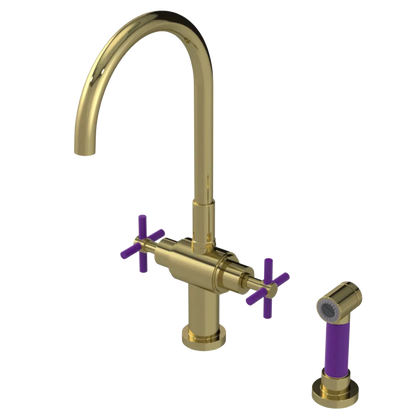 Rubinet Two Handle Single Hole Kitchen Set with LaSalle Spout with Hand Spray Natural Brass