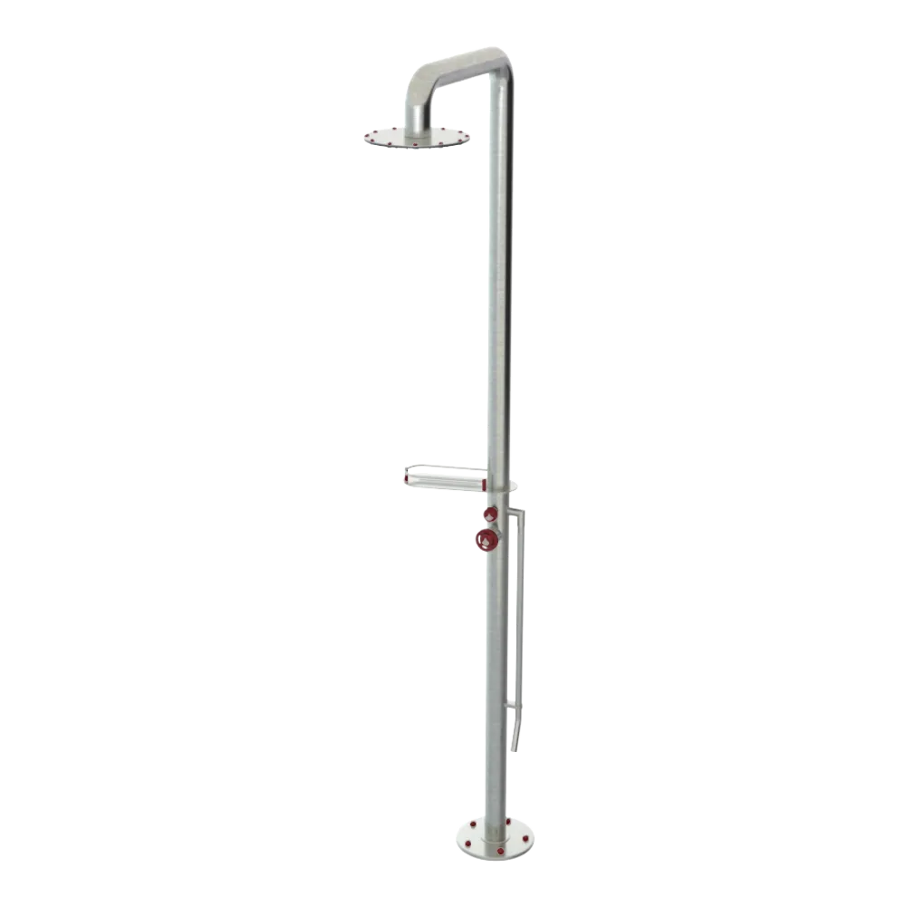 Rubinet Pressure Balance Outdoor Shower with Foot Rinse & 10" Shower Head (with shelf) - 304 Stainless Steel Satin Nickel