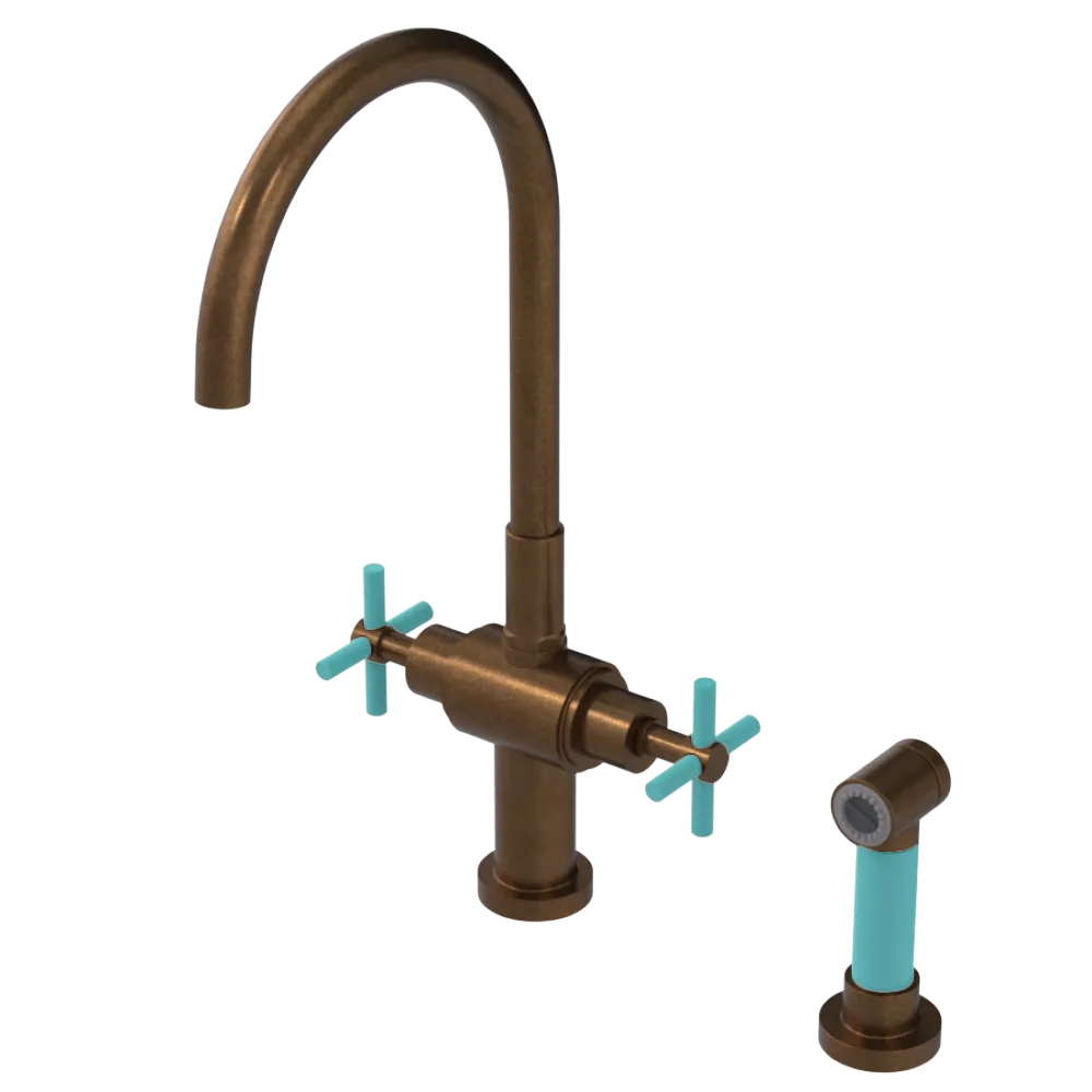 Rubinet Two Handle Single Hole Kitchen Set with LaSalle Spout with Hand Spray Tuscan Brass