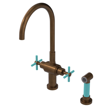Rubinet Two Handle Single Hole Kitchen Set with LaSalle Spout with Hand Spray Tuscan Brass