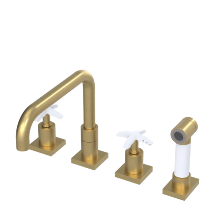 Rubinet Widespread Kitchen Set with Genesis Spout with Hand Spray Satin Brass