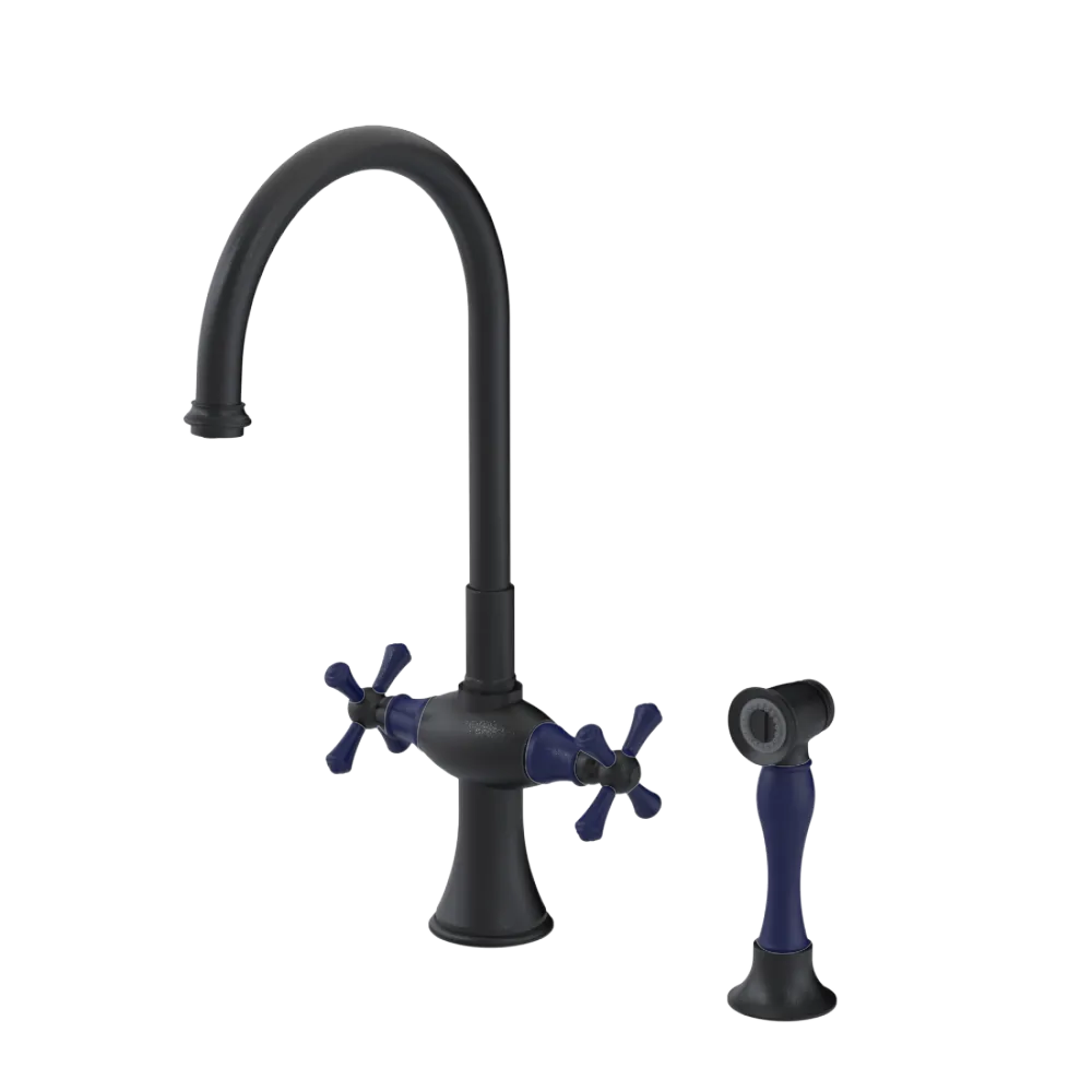 Rubinet Two Handle Single Hole Kitchen Set with Hand Spray Matt Black