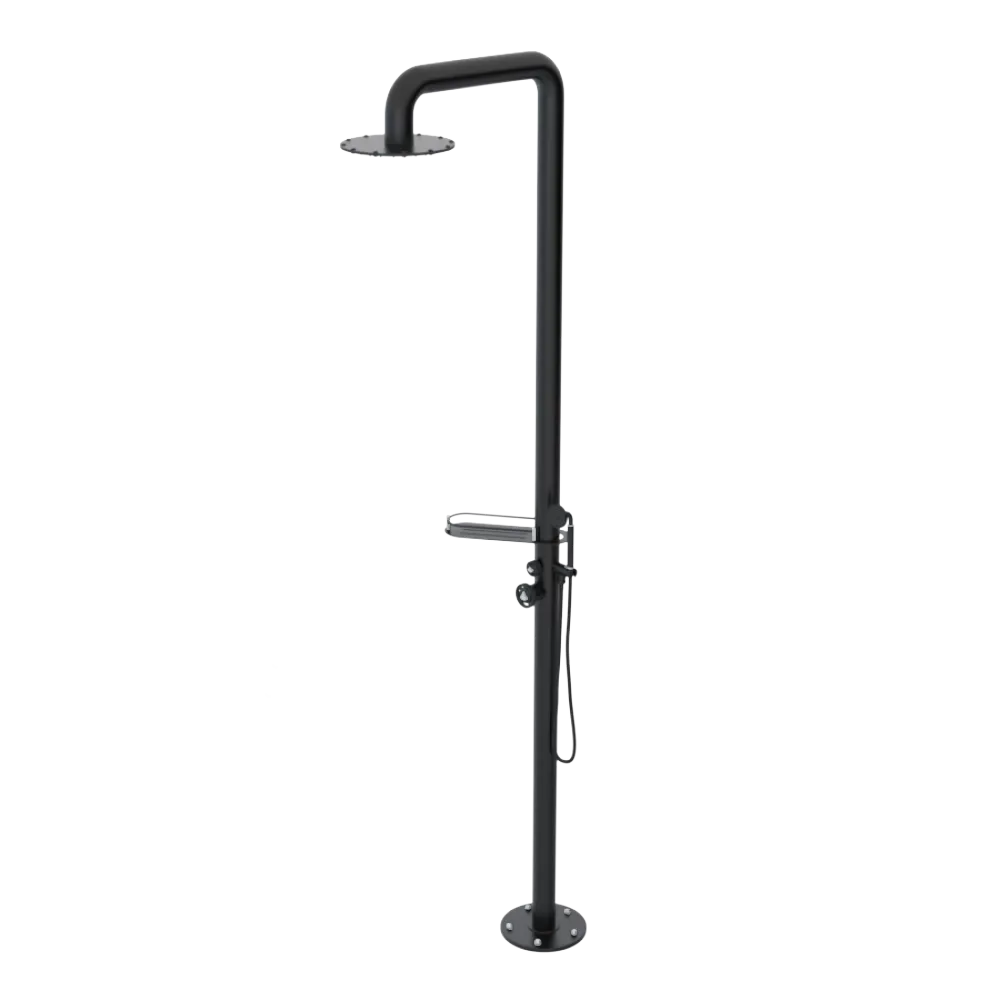 Rubinet Pressure Balance Outdoor Shower with Hand Held Shower & 10" Shower Head (with shelf) - 304 Stainless Steel Matt Black