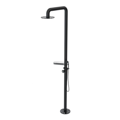 Rubinet Pressure Balance Outdoor Shower with Hand Held Shower & 10" Shower Head (with shelf) - 304 Stainless Steel Matt Black