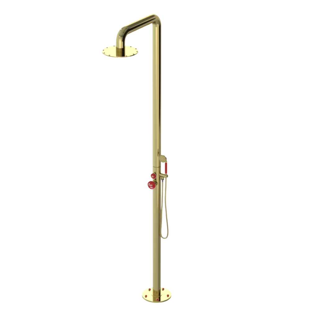 Rubinet Pressure Balance Outdoor Shower with Hand Held Shower & 10" Shower Head - 304 Stainless Steel Bright Brass