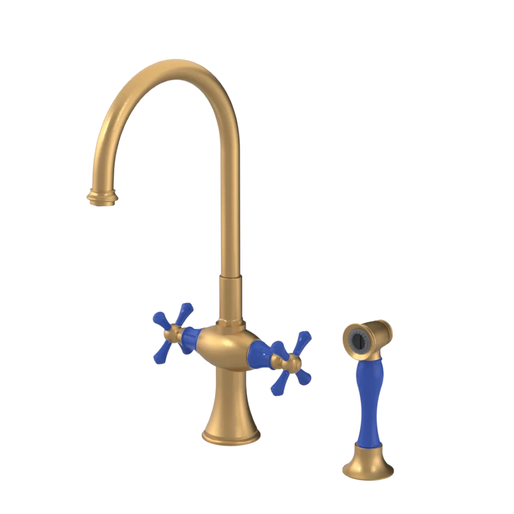 Rubinet Two Handle Single Hole Kitchen Set with Hand Spray Satin Gold