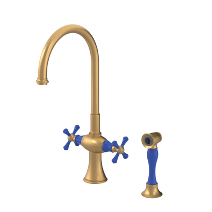 Rubinet Two Handle Single Hole Kitchen Set with Hand Spray Satin Gold