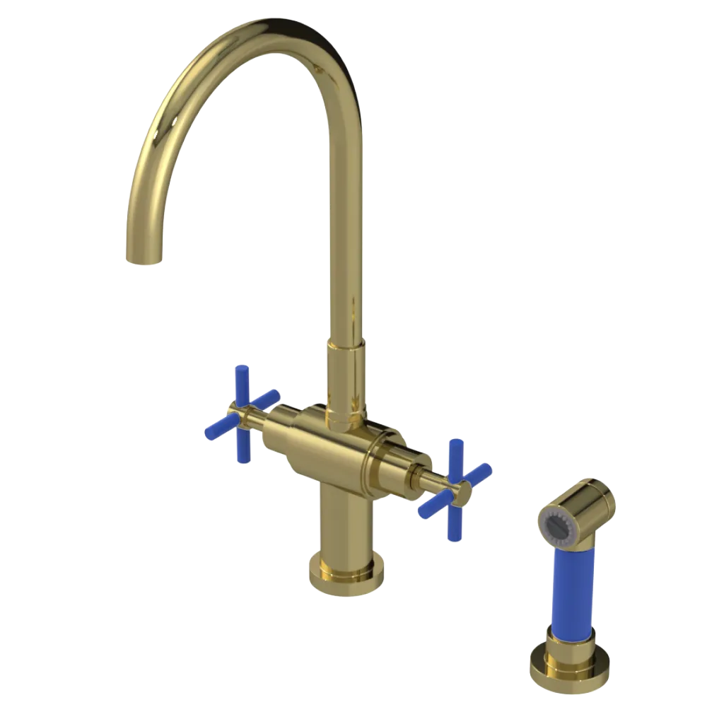 Rubinet Two Handle Single Hole Kitchen Set with LaSalle Spout with Hand Spray Natural Brass