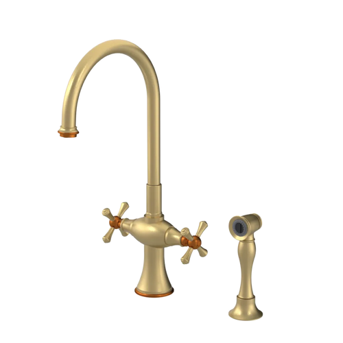 Rubinet Two Handle Single Hole Kitchen Set with Hand Spray Satin Brass