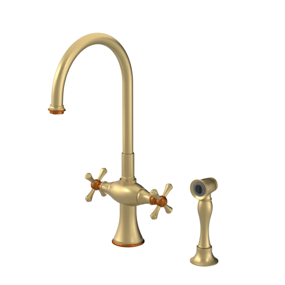 Rubinet Two Handle Single Hole Kitchen Set with Hand Spray Satin Brass