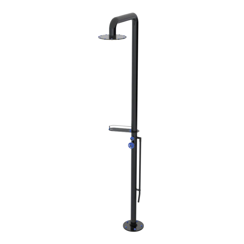 Rubinet Pressure Balance Outdoor Shower with Foot Rinse & 10" Shower Head (with shelf) - 304 Stainless Steel Black