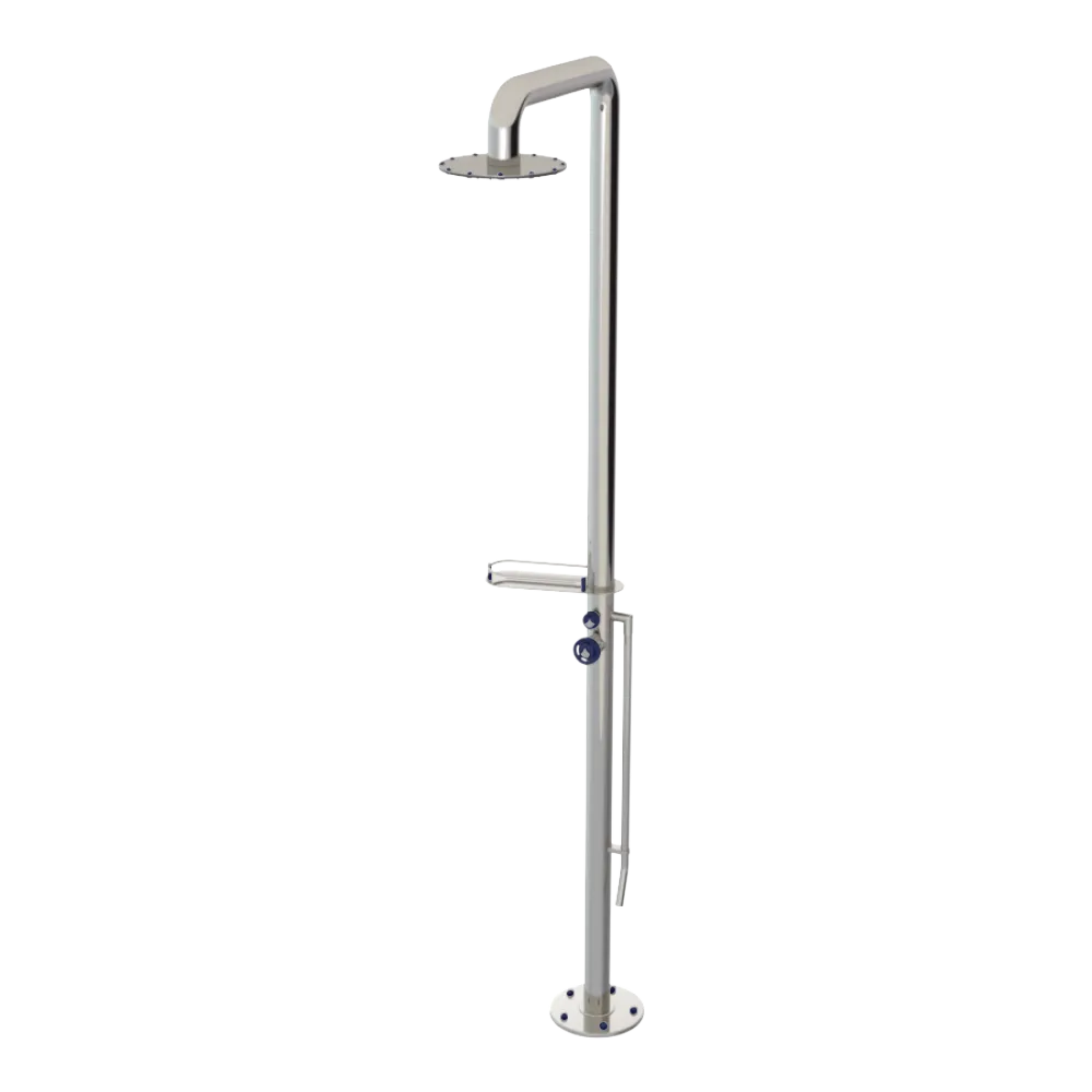 Rubinet Pressure Balance Outdoor Shower with Foot Rinse & 10" Shower Head (with shelf) - 304 Stainless Steel Polished Nickel