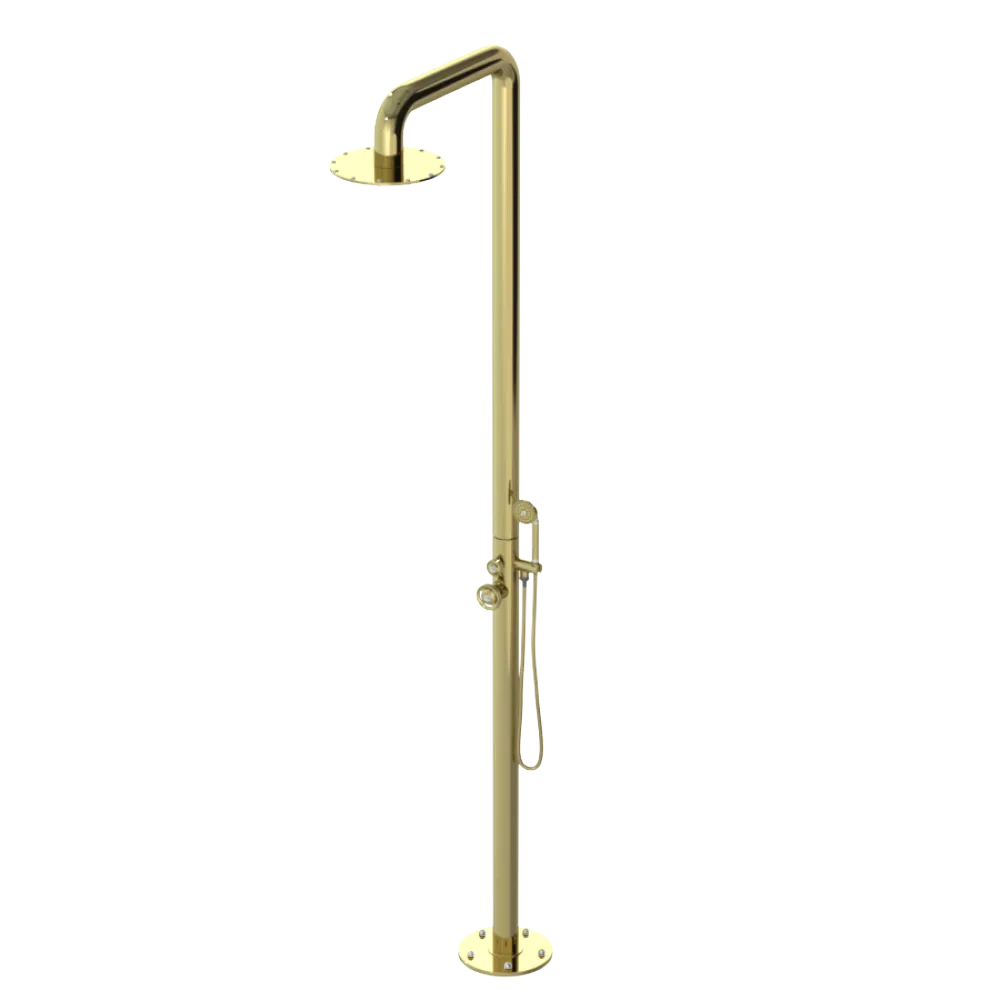 Rubinet Pressure Balance Outdoor Shower with Hand Held Shower & 10" Shower Head - 304 Stainless Steel Bright Brass